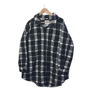 Old Navy Size XL Plaid Flannel Long Utility Shacket in Black White Trucker Chore